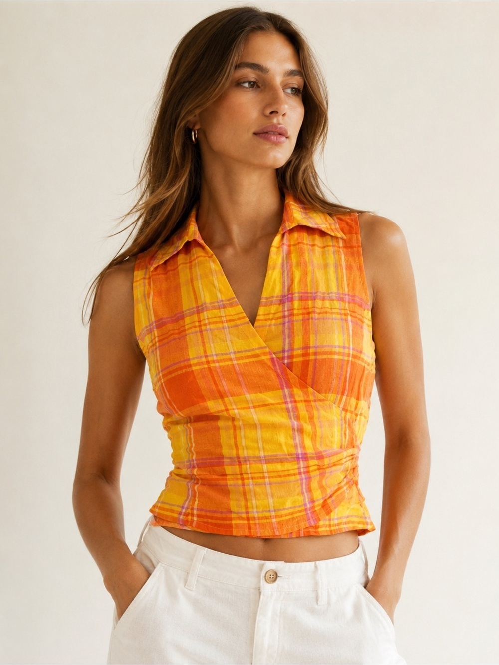 Vintage Ralph Lauren Sleeveless Wrap Top Plaid Linen Blouse Madras Tie Vest 90s